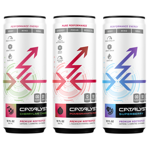 Three cans of Catalyst with colorful designs and branding on a white background.